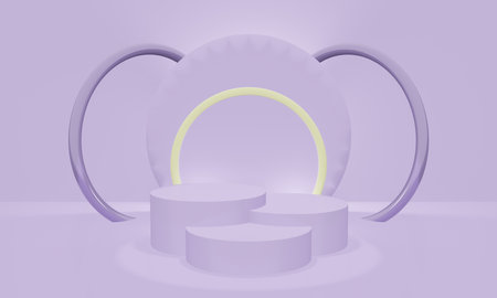 Three shiny round podium pedestals in lavender color 3D rendering. Minimal concept for product demonstrationの写真素材