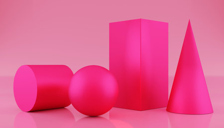 Crimson geometric shapes with a matte surface - sphere, cylinder, prism, parallelepiped on pink...