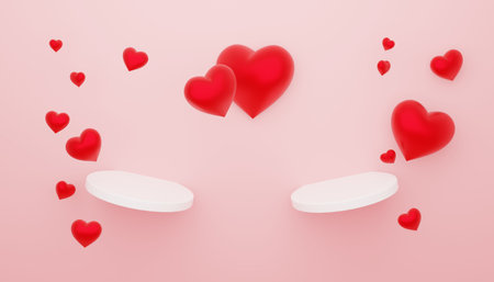 Two white podiums with red hearts on pastel pink background to show products. Romantic backdrop with stand for branding and presentation on Valentine's Day. 3D renderingの写真素材