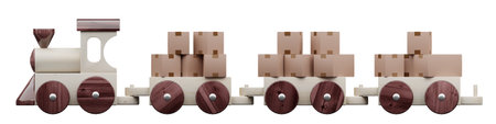 wooden toy train carrying cardboard boxes orthogonal side view. 3D renderingの写真素材