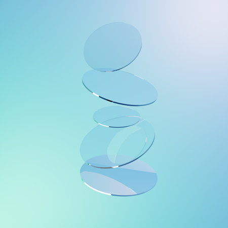 Flying crystal glass disks on blue abstract background 3d render. Iridescent transparent circle panels with flare and light refraction from prism, wallpaper 3D illustrationの写真素材