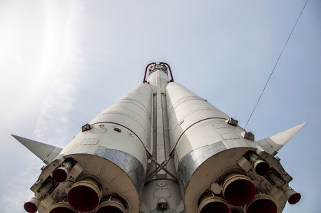 Moscow - May 5, 2017: the bottom view at the copt of a Vostok spacecraft placed on the Square of Industry on VDNKhのeditorial素材