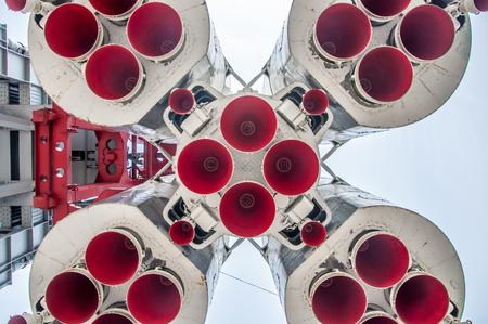 Moscow - May 5, 2017: a bottom view at the model of the soviet spaceship Vostok placed on VDNKh with five groups of nozzlesのeditorial素材