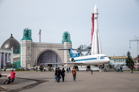 Moscow - May 5, 2017: a general view at the Square of Industry on VDNKh with airplane Yak-42, model of Vostok spaceship and Mechanization pavilionのeditorial素材