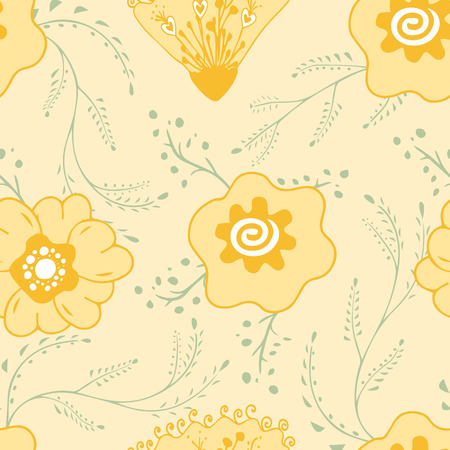 Seamless pattern with yellow flowers and leaves. Pastel colors amber and green endless tile.のイラスト素材