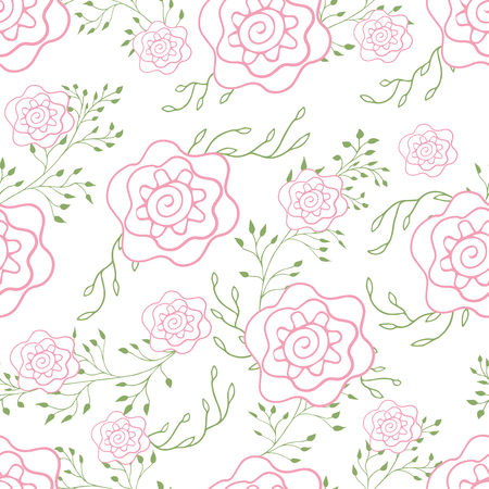 Seamless pattern tender drawn roses and foliage. Pastel colors pink and green vector illustration.のイラスト素材