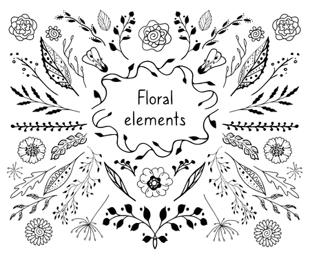 Monochrome set of floral elements with flowers, twigs, leaves and sprigsのイラスト素材