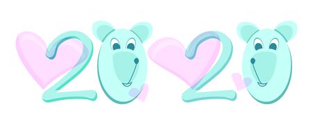 2020 the year of mouse. Mascot of the new year. Two nice mice with hearts as zeroes in the date.のイラスト素材