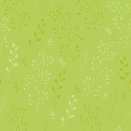 gently green endless texture with small thin graceful branches and leaves for fabric and decoration. almost plain seamless pattern. editable vector background.のイラスト素材