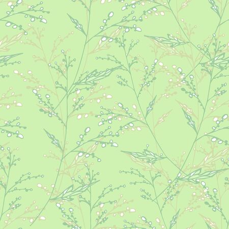 Editable green vector endless texture with thin twigs for fabric and decoration. spring romantic seamless patternのイラスト素材