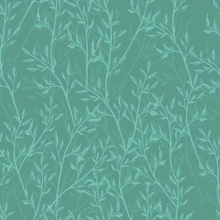 Editable teal blue-green vector endless texture with thin twigs for fabric and decoration. spring romantic seamless pattern. almost plane colors in shades, jade green.のイラスト素材