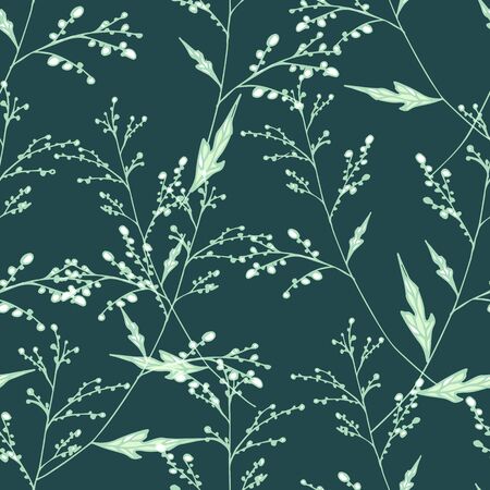 Editable dark green vector endless texture with thin twigs for fabric and decoration. romantic seamless patternのイラスト素材
