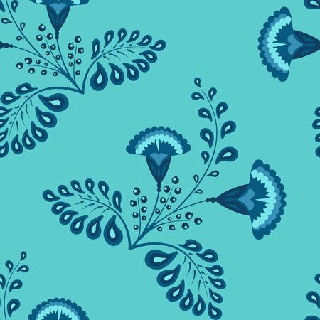 Blue turquoise verdigris endless texture with ornamental flowers and twigs and leaves for fabric and decoration. Beautiful seamless editable pattern vector background.のイラスト素材