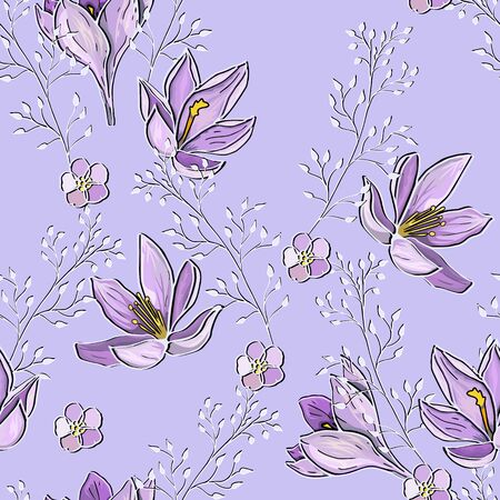 Lilac mauve seamless pattern with flowers and twigs. Tender delicate vector endless textureのイラスト素材