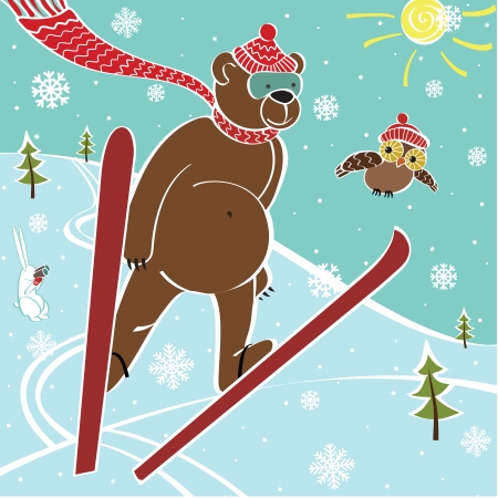 One brown bear scarf and hat ski jumping. Humorous illustrationのイラスト素材