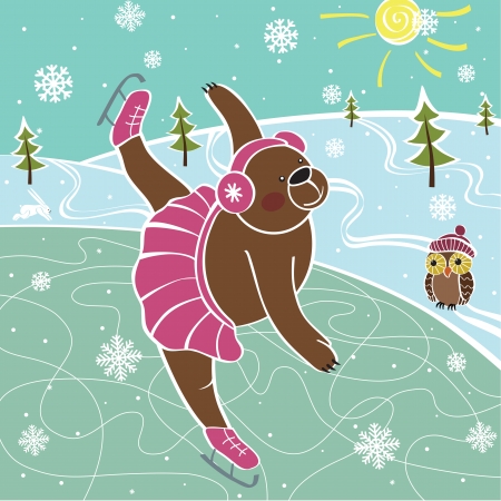 One brown bear is skating on the nature. Winter landscape. Humorous illustration. のイラスト素材