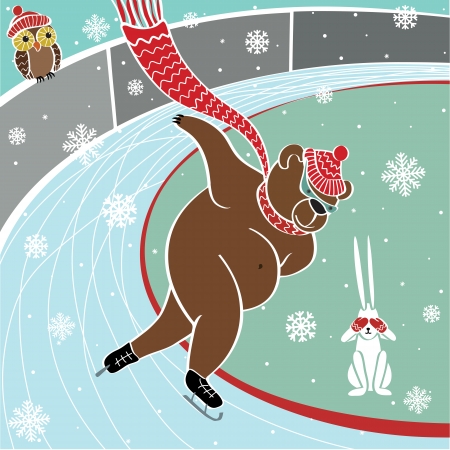 One brown bear runs sprint skating at the stadium. Humorous illustrationのイラスト素材