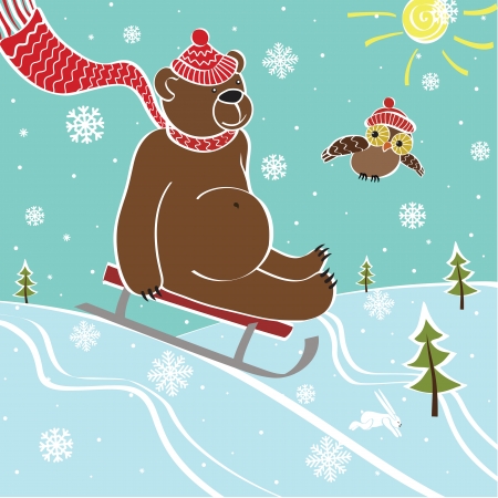 One brown bear sledding with mountain nature  Humorous illustrationのイラスト素材