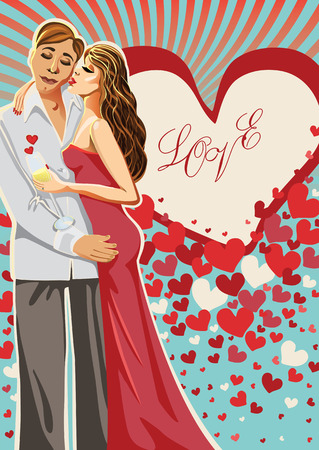 Kissing couple man and woman  on the background of hearts  Inscription  Love  Greeting card or template for Valentineのイラスト素材