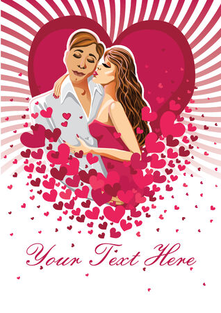 Kissing man and woman on hearts background Design template Greeting card or poster for Valentineのイラスト素材