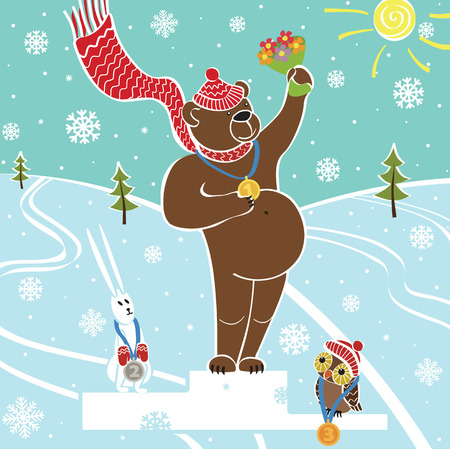 One brown bear champion standing on pedestal  Competitions in winter sports  Awarding of the winners Snow-covered landscape Humorous illustration, cartoonのイラスト素材