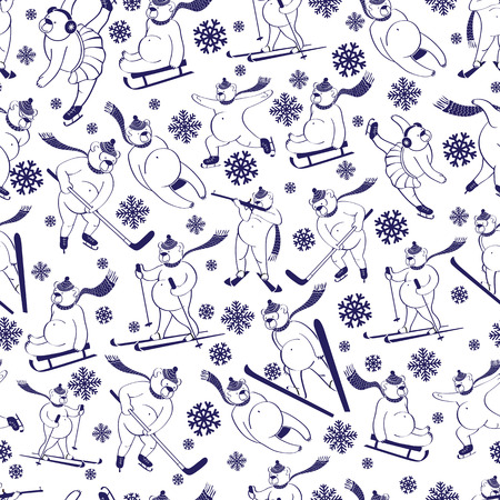 White bear plays winter sport Seamless pattern or backgroundのイラスト素材