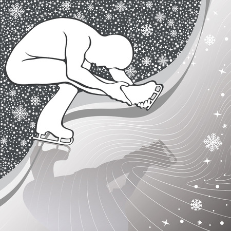 Male athlete figure skates Back abstract snowflakes background and wavy linesのイラスト素材