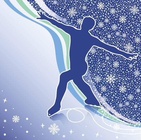 Male athlete figure skates Back abstract snowflakes background  and wavy lines Design template,screensaver,poster,sticker Vector Illustration of winter sportsのイラスト素材
