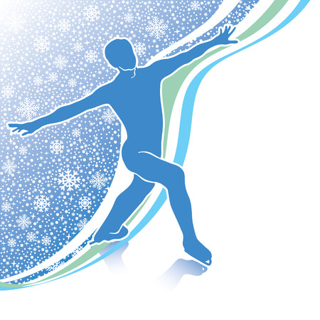 Male athlete figure skates Back abstract snowflakes background and wavy linesのイラスト素材