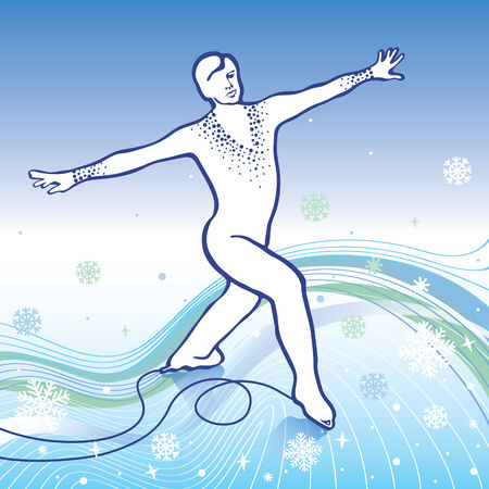 Male athlete figure skates Back abstract snowflakes background and wavy linesのイラスト素材