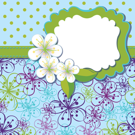 Spring or summer background. Cherry Flowers or Apple  Flowers,Spring Design template.Cherry flowers background and poka dot an abstract background .Label with flowers.Use as template,screensaver,cover,background.Cold color.Vector illustrationのイラスト素材