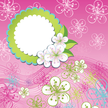 Spring background or summer background.Cherry Flowers or Apple  Flowers,Spring Design template.Label with flowers.Use as template,screensaver,cover,background,wedding design.Pink color.Vector illustrationのイラスト素材