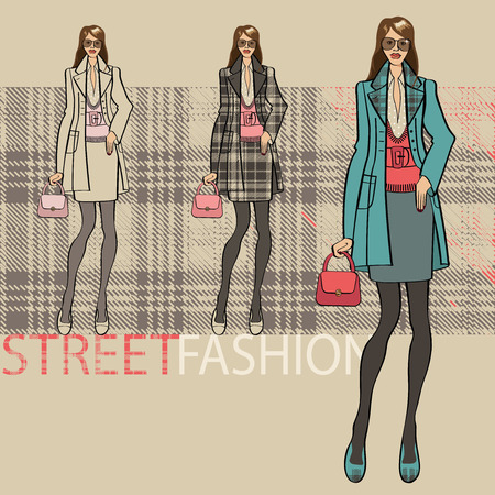 Fashion illustration. Fashionable girl in a coat and skirt. Options ensemble service. Street fashion. Sketch of modelのイラスト素材