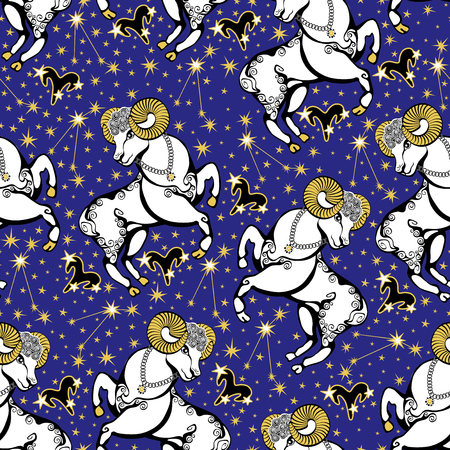 One Aries ,zodiac signs ,constellation, stars in Horoscope seamless pattern.Golden stars,white Aries on blue background.Vector background,  packing,Wallpaper, fabric. Illustration in retro style.のイラスト素材
