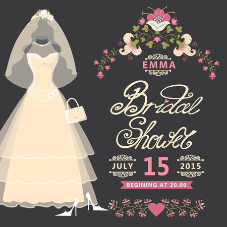 Bridal Shower invitation  Vintage wedding dress with flowersのイラスト素材