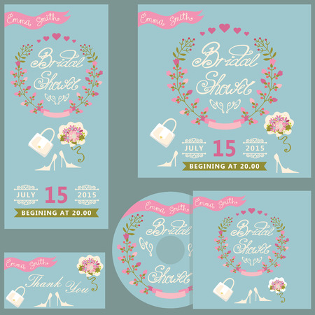 Cute bridal shower design  template set with flowersのイラスト素材