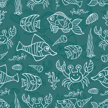 Funny Sea Life and Fish Outline Doodle seamless patternのイラスト素材