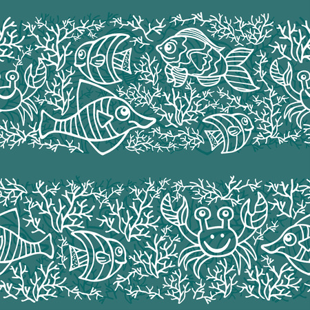 Funny Sea Life and Fish Outline Doodle seamless borderのイラスト素材