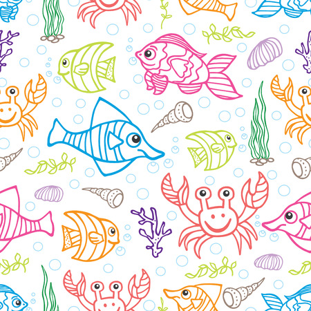 Funny Sea Life and Fish Colored Doodle seamless patternのイラスト素材