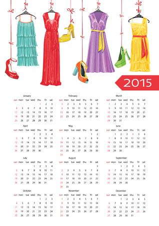 Fashion European calendar  Colorful women s party dress and shoeのイラスト素材