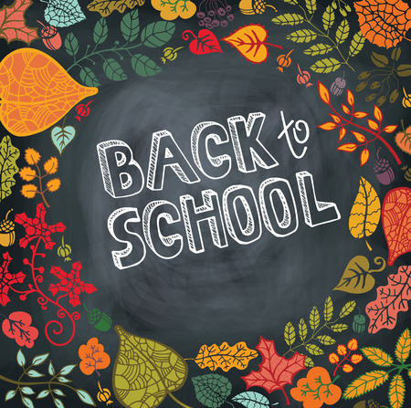 Colorful  Leaves, branches,berries on blackboard .Hand write description "Back to school".Vector autumn doodle composition.Use for design template,invitations,web page background .Vectorのイラスト素材