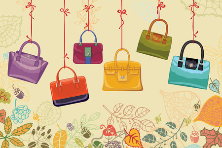 Colorful fashion women handbags hang on a ribbonのイラスト素材