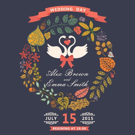 Retro wedding invitation with autumn leaves wreath. Cute cartoon couple  white swans with vignettes,ribbons.Vector design templateのイラスト素材