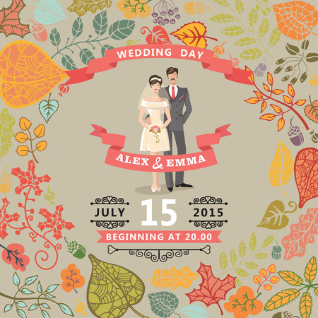 Retro wedding invitation with autumn leaves . Cute cartoon couple groom and bride in retro style with vignettes,ribbons.Vector design templateのイラスト素材
