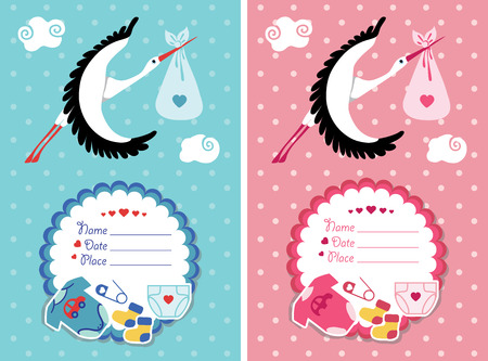 Stork  flying with newborn baby girl and boy.Baby shower card,invitation  set .Cute  label clothing, diapers on polka dot background.Vector Illustration.のイラスト素材