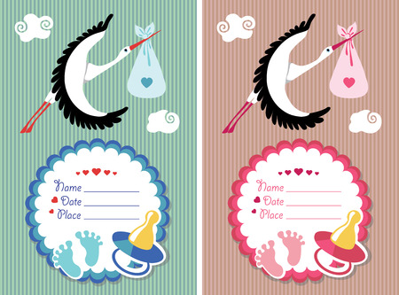 Stork  flying with newborn baby girl and boy.Baby shower card,invitation  set .Cute  label with dummy and little toe on strips background.Vector Illustration.のイラスト素材