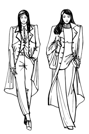Two stylish lovely girls In the style of the outline hand drawing sketchのイラスト素材