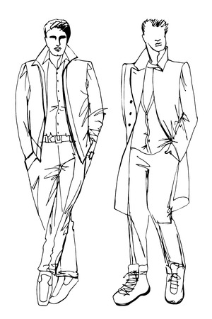 EPS10.Two stylish dude men.In the style of the outline hand drawing  sketch. Fashion vector  illustrationのイラスト素材