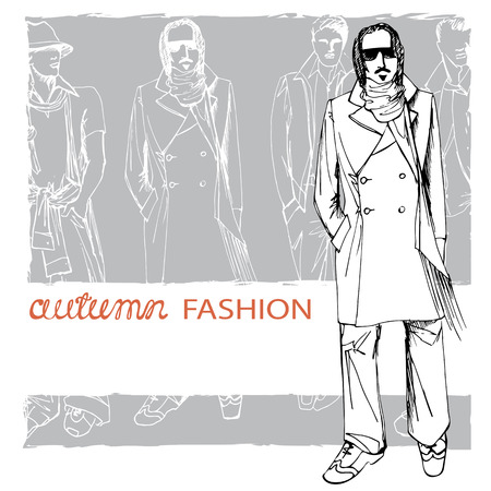 EPS10 grunge background with stylish autumnal dude men.In the style of the outline hand drawing  sketch. Fashion vector  illustrationのイラスト素材