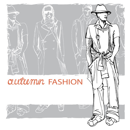 EPS10 grunge background with stylish autumnal dude men in hat.In the style of the outline hand drawing  sketch. Fashion vector  illustrationのイラスト素材